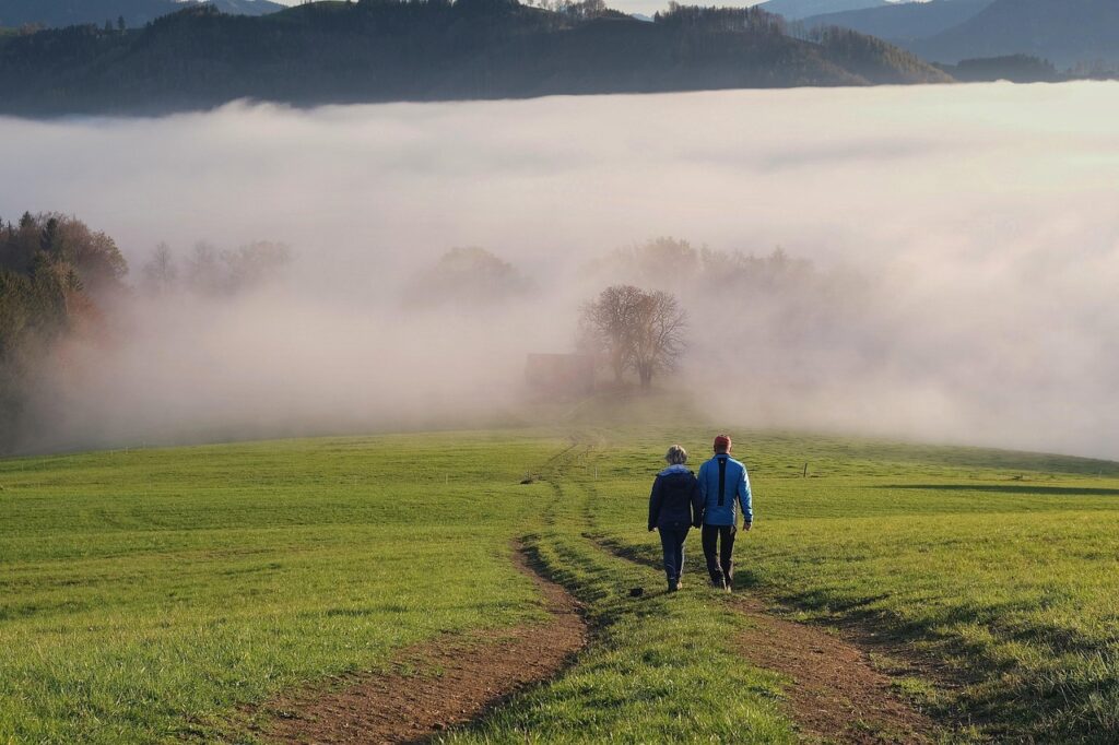 fog, couple, walking, pathway, trail, nature, landscape, fall, autumn, walk